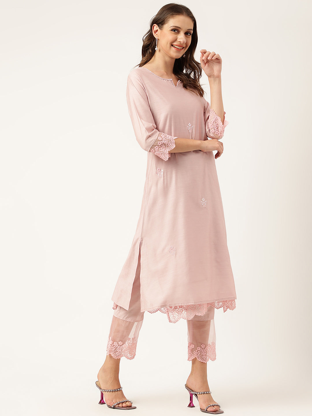 Solid Chanderi Kurta with Inner, Trouser Inner & Dupatta Set